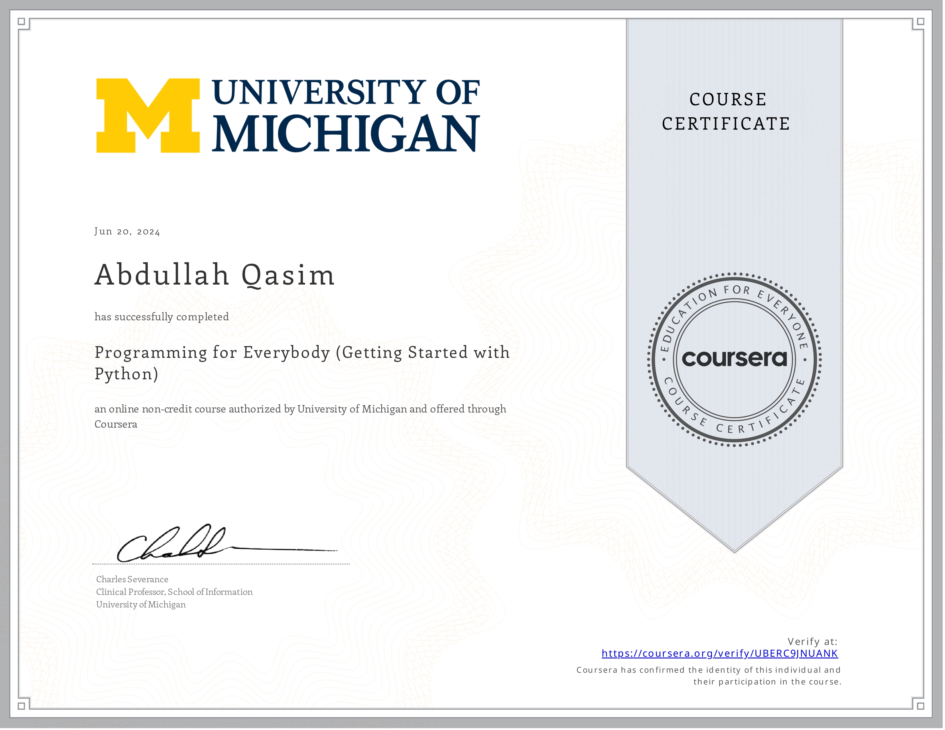 Programming for Everybody (Getting Started with Python) certification